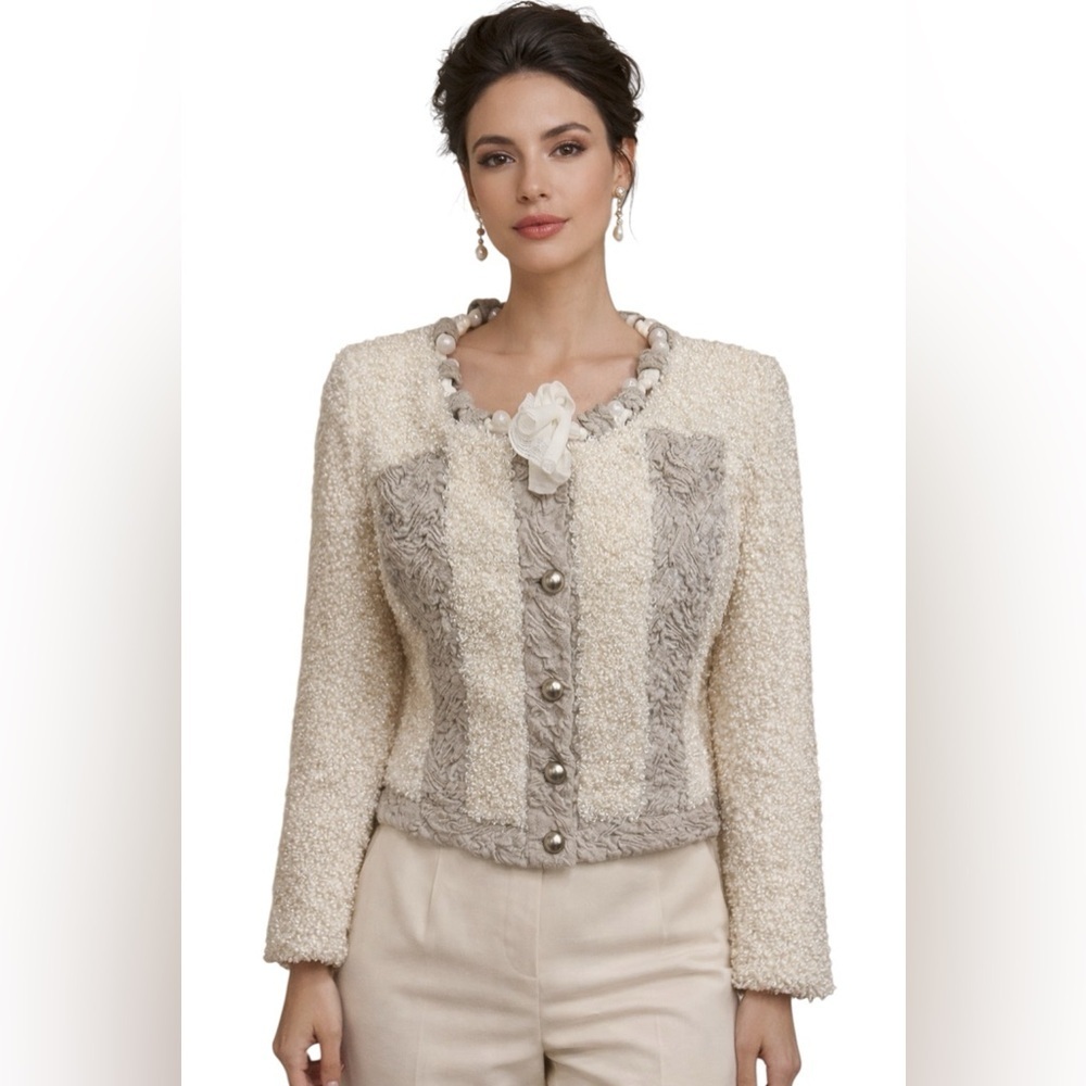 Alberto Makali Cream Textured Jacket Button Front Embellished Cropped Blazer L